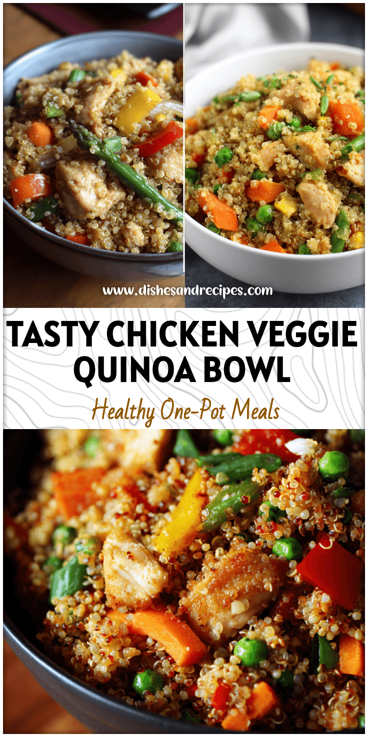 Bowl of Chicken & Veggie Fried Quinoa with colorful vegetables and tender chicken for a healthy dinner recipe with quinoa.